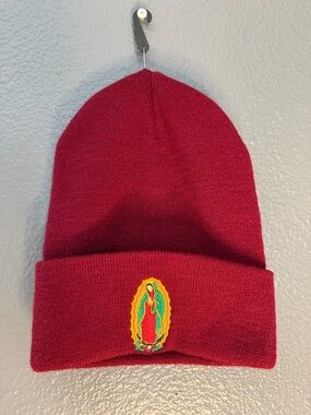 Burgundy Beanie with Colorful Virgin Mary Patch